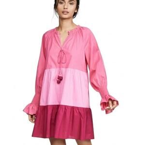 FIGUE Bella Dress Color Block Mini V-Neck Tassel Long Sleeve Ruffle Ombré, Pink